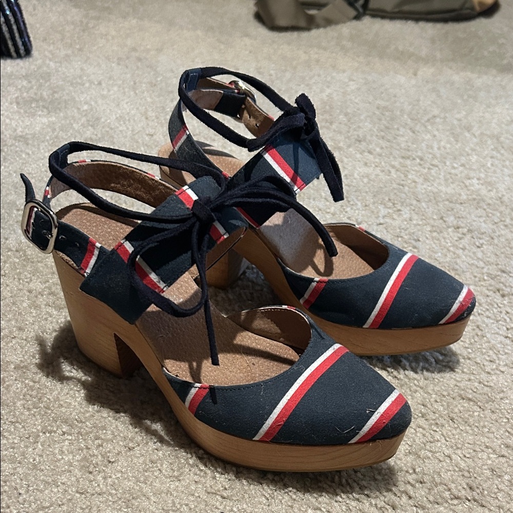 Free People Navy and Red Striped Mules